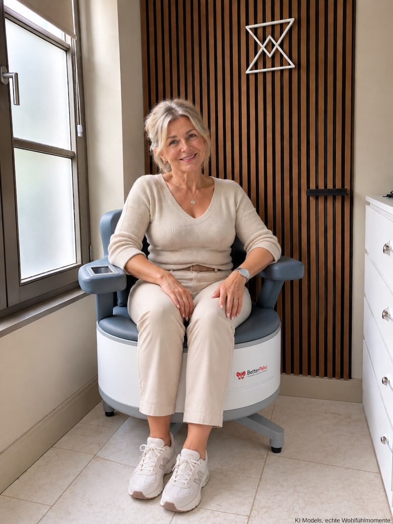 Beckenbodentraining-MyTimeout Frau auf einem Beckenbodenstuhl beim Beckenbodentraining